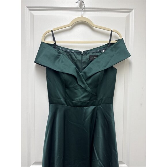 Xscape Size 6 Green Off the Shoulder Satin Front Slit Formal Gown Cocktail Dress - Picture 6 of 13